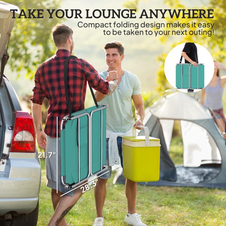 Folded light green outdoor lounge chair with carry bag and face-pillow design