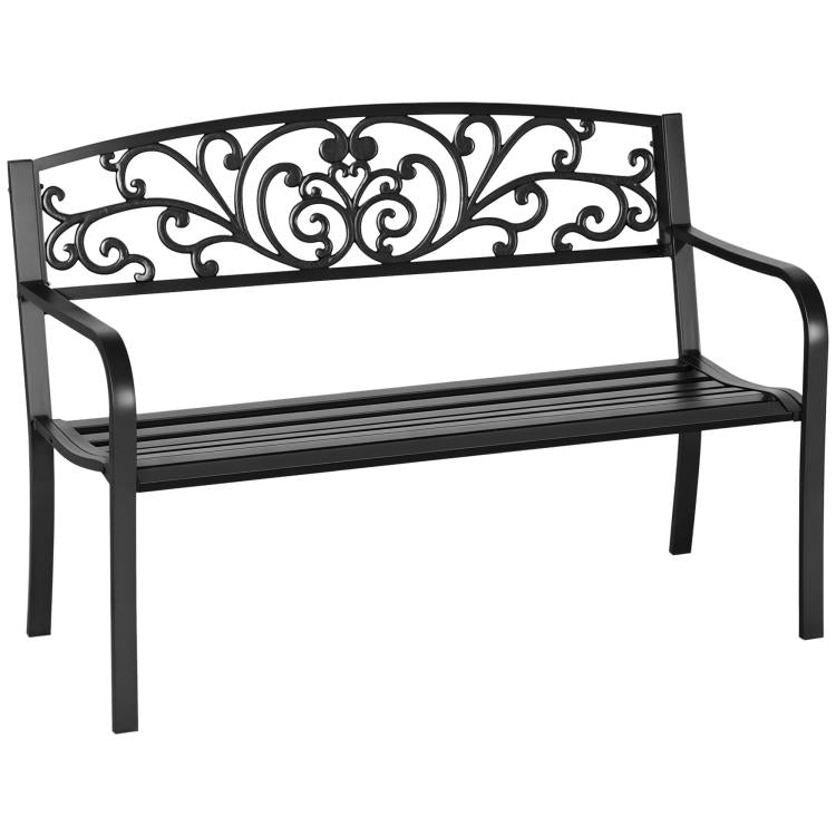 Black metal 2-seat garden bench with decorative scrollwork back and slatted seat