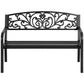 Black metal garden bench with arched scrollwork backrest and horizontal slat seat