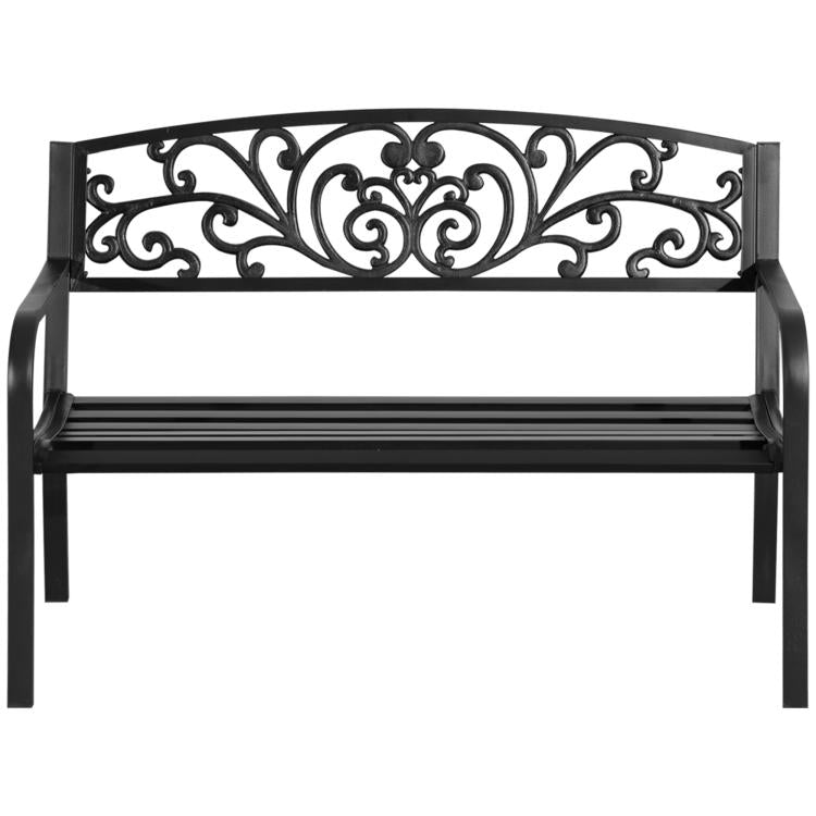 Black metal garden bench with arched scrollwork backrest and horizontal slat seat