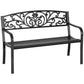Black decorative patio bench with ornate scrollwork back and slatted seat