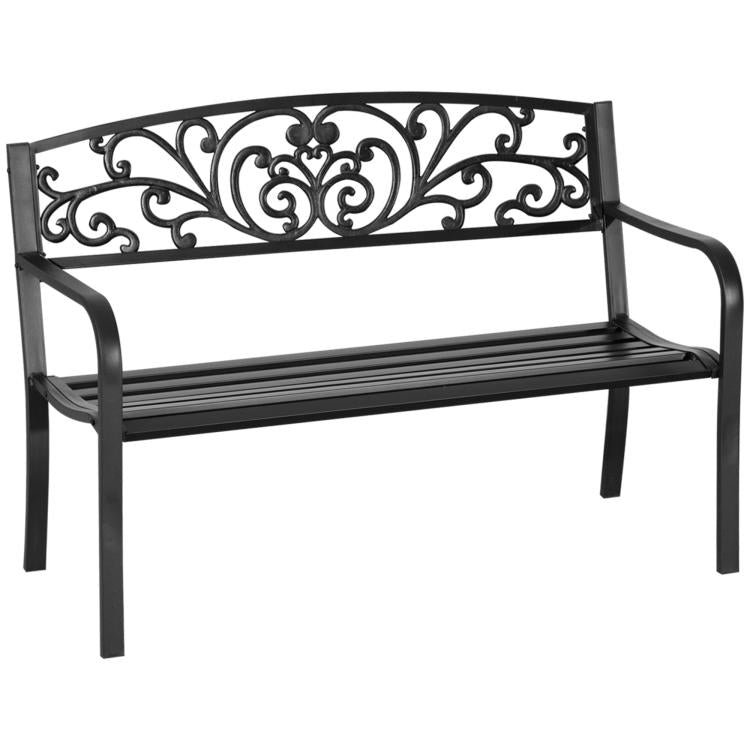 Black decorative patio bench with ornate scrollwork back and slatted seat