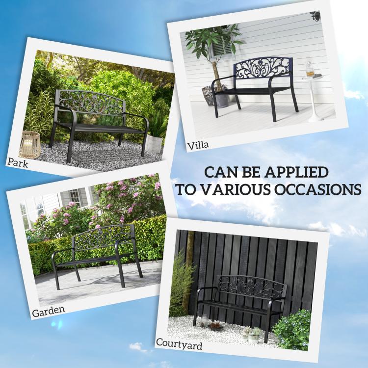 Black metal garden bench with decorative scrollwork backrest and slatted seat