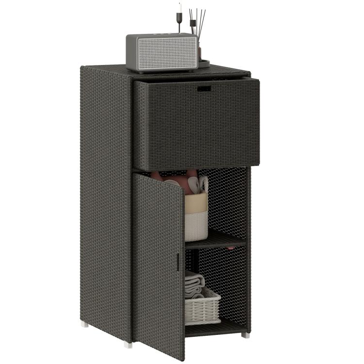 Outdoor wicker towel rack cabinet with top drawer and open shelves