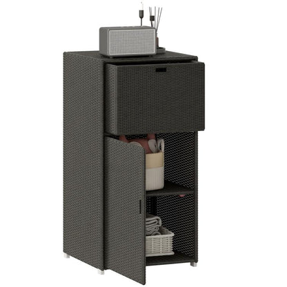 Outdoor wicker towel rack cabinet with top drawer and open shelves