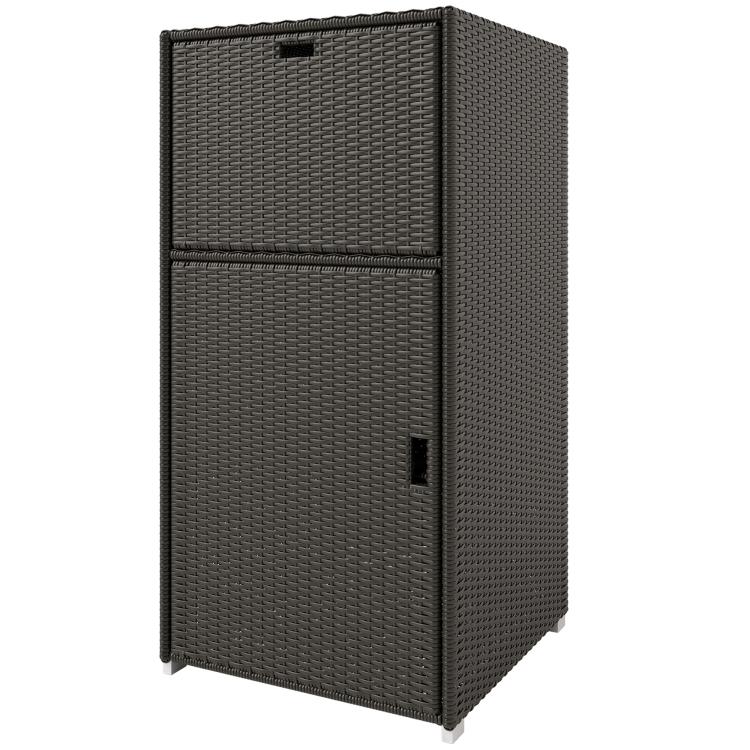 Outdoor wicker towel rack cabinet with front door and drawer, dark brown