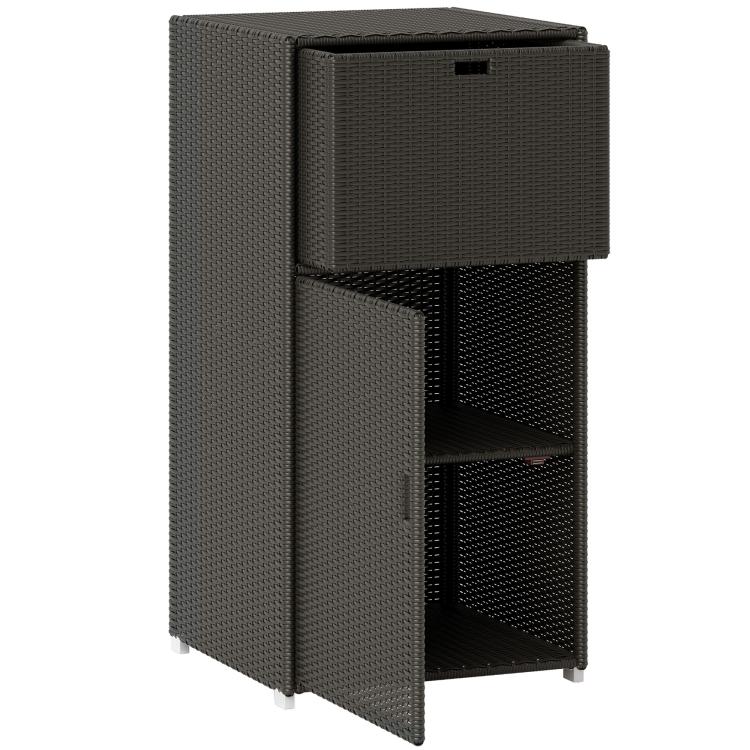 Outdoor towel rack cabinet with drawer, dark brown, side view, closed doors