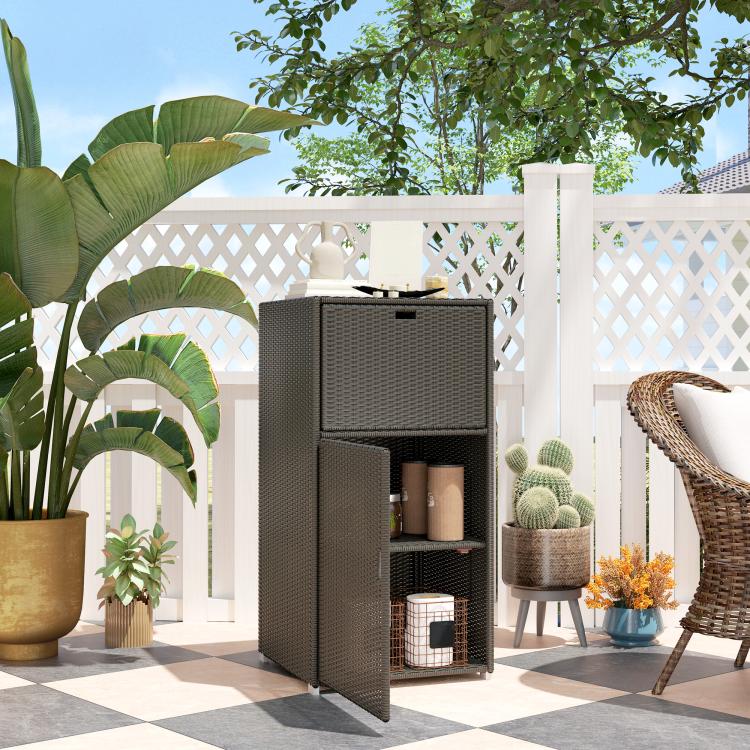Outdoor wicker cabinet with open compartments for towels, dark brown