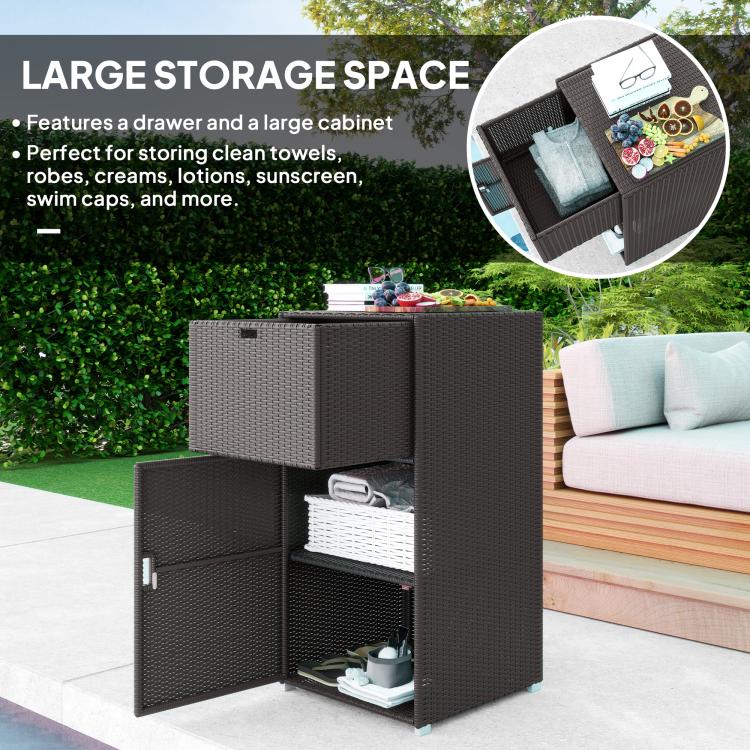 Outdoor towel storage cabinet with two compartments and drawer, dark wicker