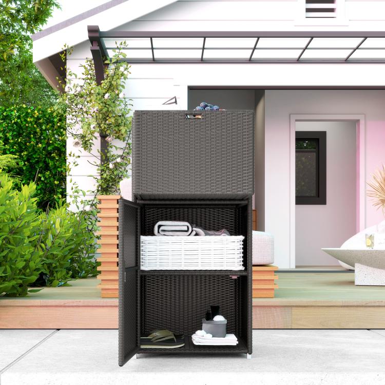 Outdoor wicker towel rack cabinet with open door and drawer storage
