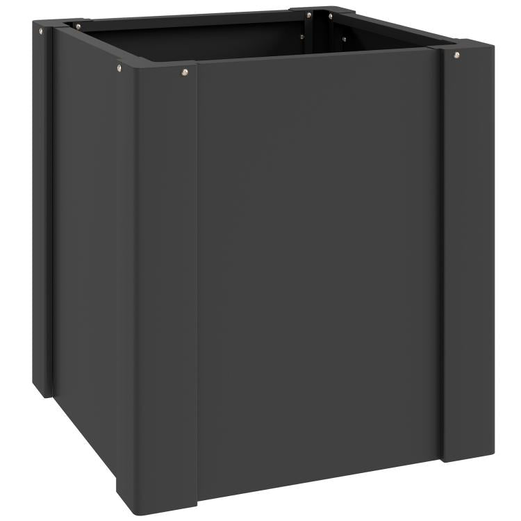 Black raised planter box with open top and four corner panels, galvanized metal look