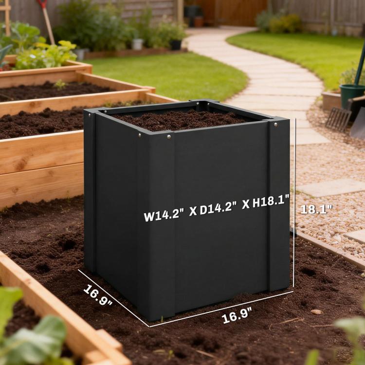 Black galvanized raised garden bed planter box with corner seams and size markings