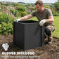 Black raised garden bed planter box with included gardening gloves during setup
