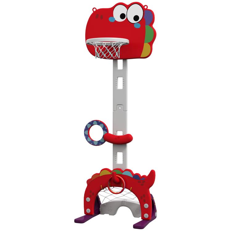 Red cartoon kids basketball hoop with mounted net and adjustable-height pole