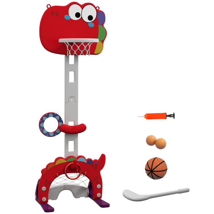 Kids red basketball hoop with animal-shaped backboard, net, pole, and parts