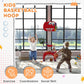Red kids basketball hoop with cartoon backboard, net, and indoor play setup