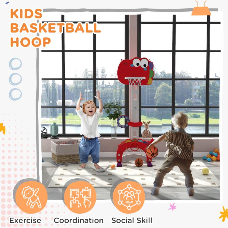 Red kids basketball hoop with cartoon backboard, net, and indoor play setup