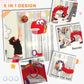 Red cartoon kids basketball hoop stand with multiple included ball-play attachments