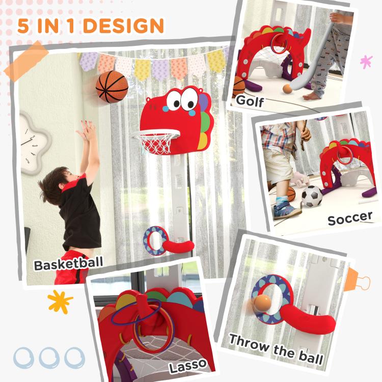 Red cartoon kids basketball hoop stand with multiple included ball-play attachments