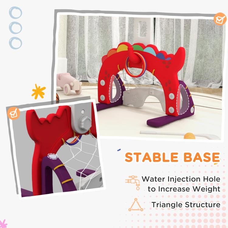 Red kids basketball hoop with cartoon frame and stable base legs on the floor