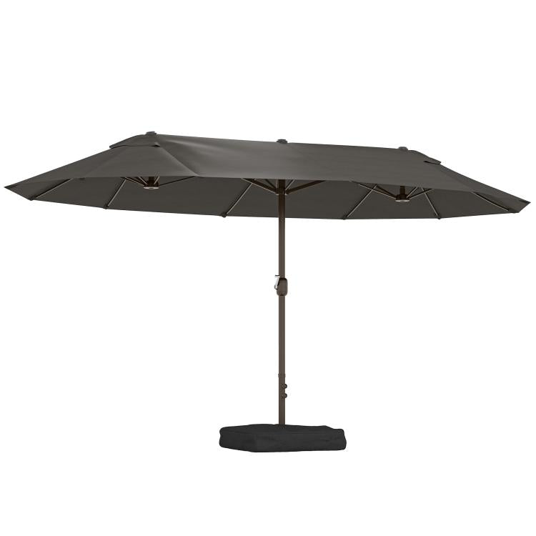 Dark gray rectangular patio market umbrella with canopy, steel pole, and weighted base