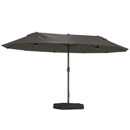 Dark gray rectangular patio market umbrella with canopy, steel pole, and weighted base