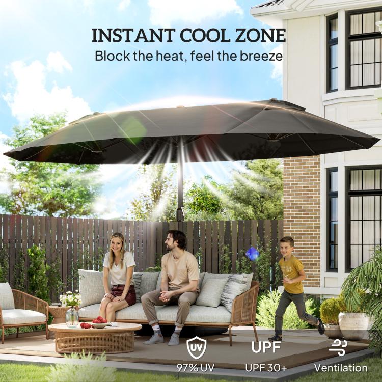 Dark gray rectangular patio umbrella over outdoor seating with UPF coverage graphic
