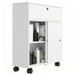 White slim toilet paper cabinet with sliding doors and caster wheels, cabinet interior visible.