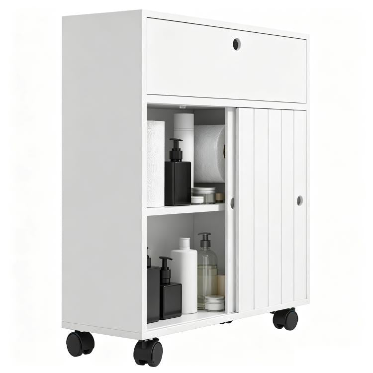 White slim toilet paper cabinet with sliding doors and caster wheels, cabinet interior visible.