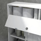 White slim toilet paper cabinet with sliding door open, adjustable shelf and paper holes
