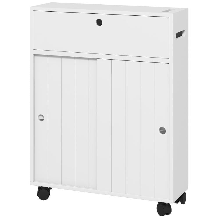 White bathroom storage cabinet with sliding doors, top drawer and rolling casters