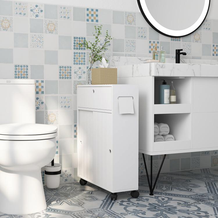 White toilet paper cabinet with paper-hole door, hinged panel open, on caster wheels.