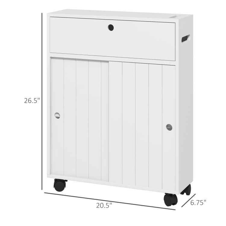 White slim toilet paper cabinet with top drawer, paneled doors, and caster wheels.