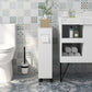 White slim toilet paper cabinet with sliding doors and caster wheels in a bathroom.