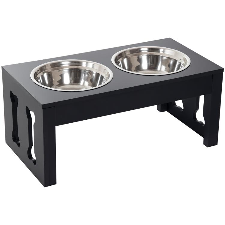 Black elevated dog feeding station with two stainless-steel bowls