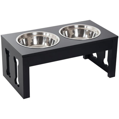 Black elevated dog feeding station with two stainless-steel bowls