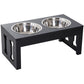 Black raised double dog bowl stand with two stainless-steel bowls