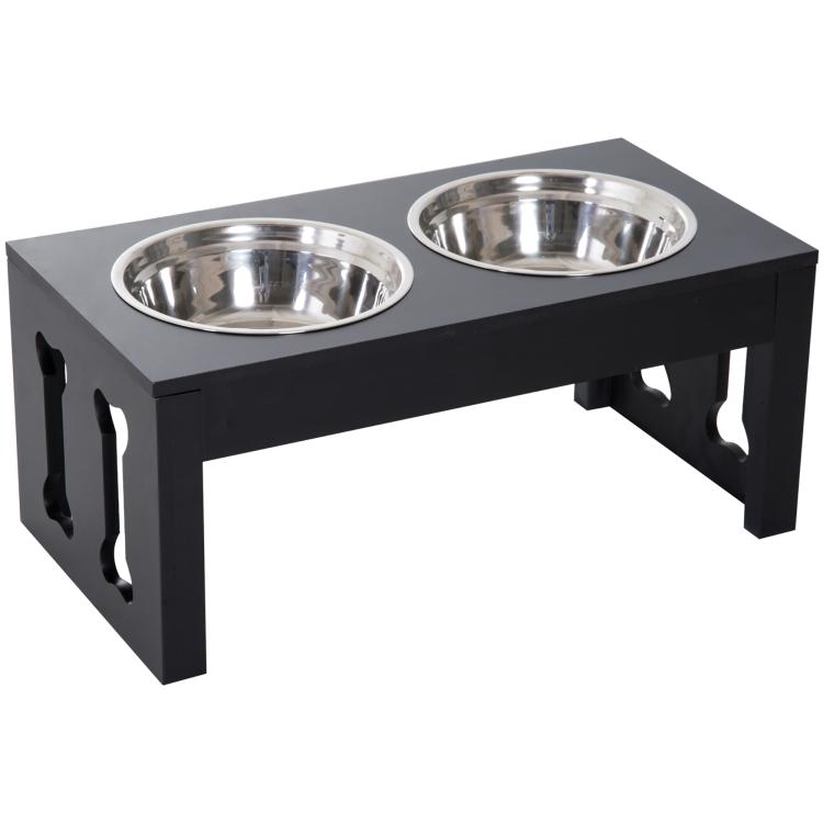Black raised double dog bowl stand with two stainless-steel bowls