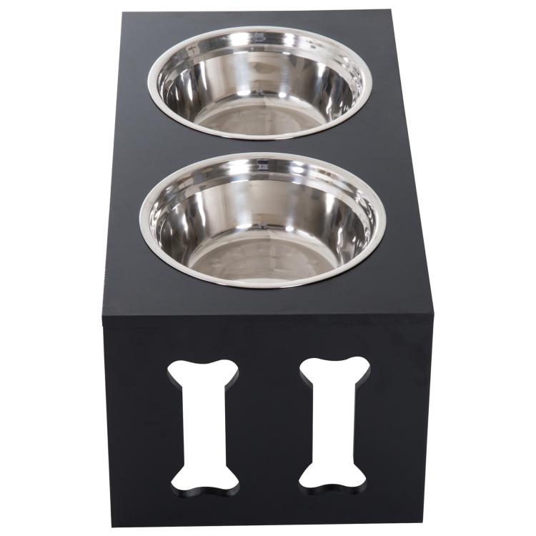Black raised dog bowl stand with two stainless bowls and bone cutouts