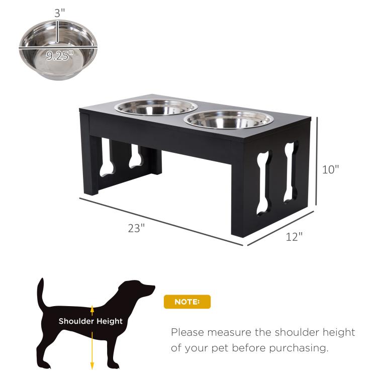 Black elevated double dog bowl stand with two stainless bowls, dimension diagram