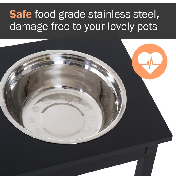 Stainless-steel bowl inset in black elevated dog feeding station