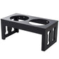 Black elevated double dog bowl stand with two recessed bowl openings