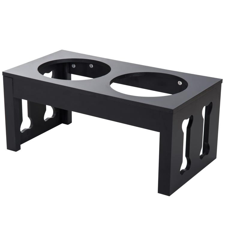 Black elevated double dog bowl stand with two recessed bowl openings