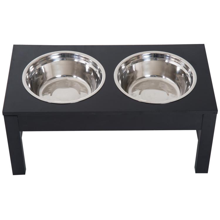 Black elevated dog feeding station with two stainless-steel bowls, front view
