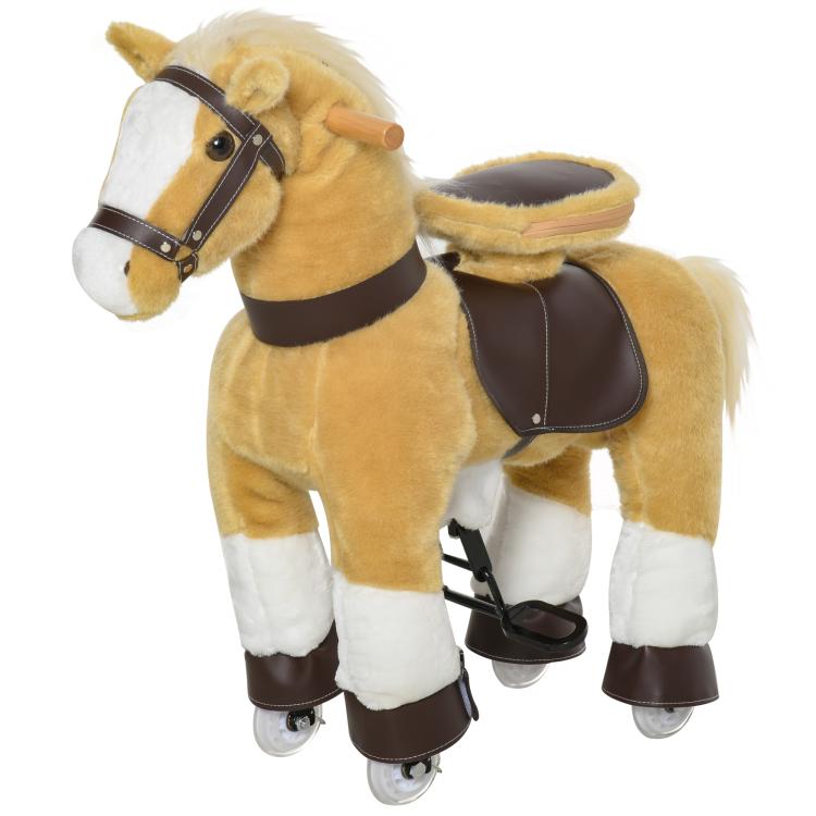 Light brown plush ride-on rocking horse with dark saddle and four caster wheels
