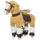 Light brown plush ride-on horse toy with white legs, bridle, and rolling wheels
