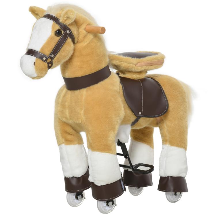 Light brown plush ride-on horse toy with white legs, bridle, and rolling wheels