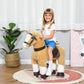 Light brown plush ride-on horse toy with rider seat and dark saddle, shown with child