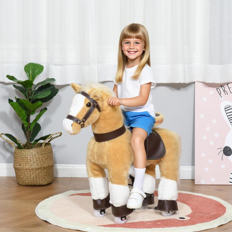 Light brown plush ride-on horse toy with rider seat and dark saddle, shown with child