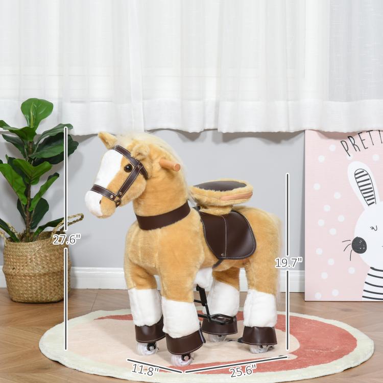 Light brown plush rocking horse with dark saddle and four caster wheels, side view